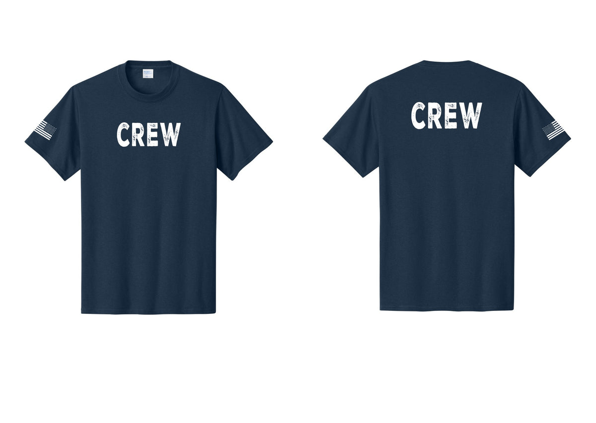 NYC Factory Crew T-Shirt for Event Staff & Production Teams (Rustic) - Front + Back + US Flag Sleeve - Navy
