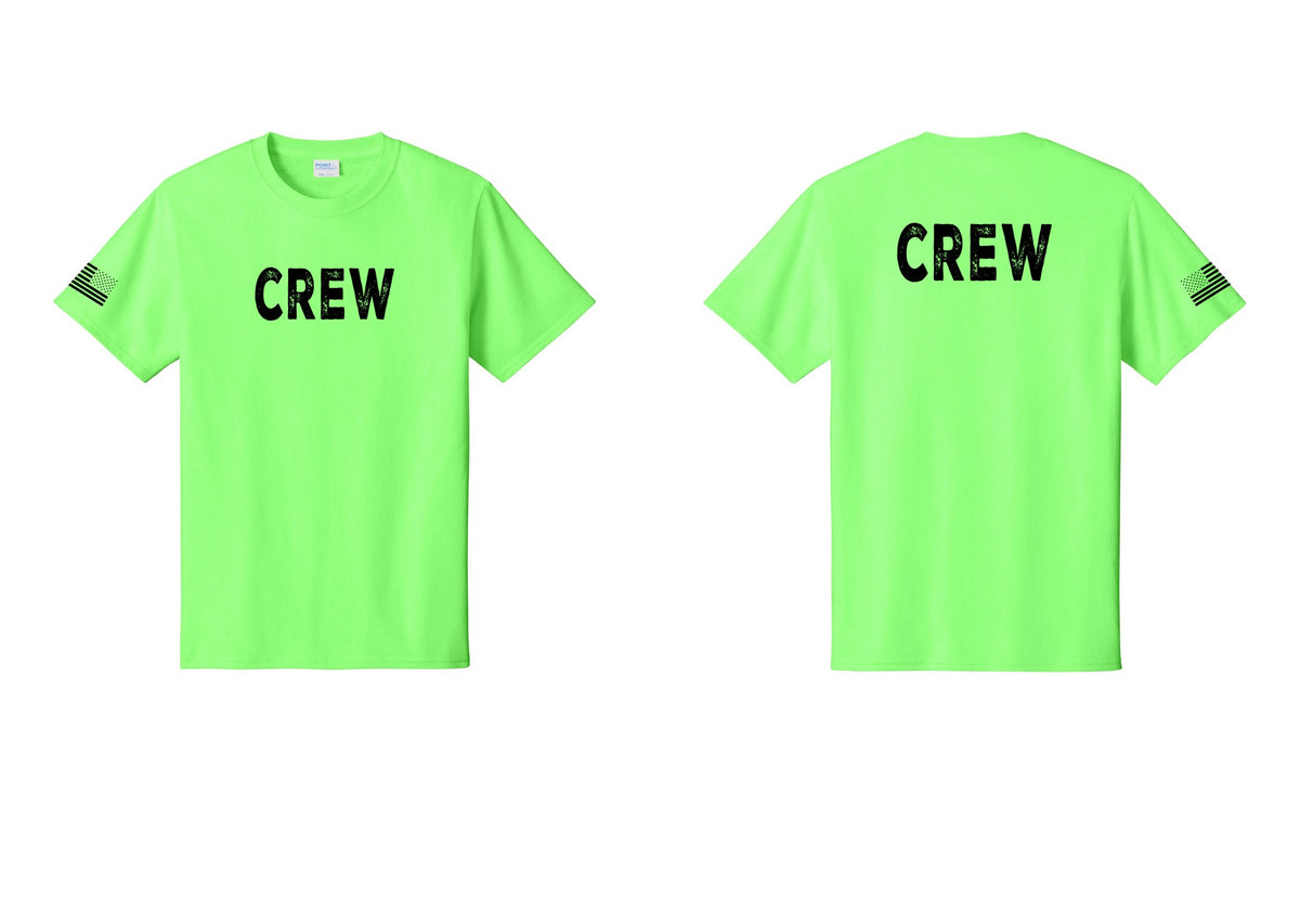 NYC Factory Crew T-Shirt for Event Staff & Production Teams (Rustic) - Front + Back + US Flag Sleeve - Neon Green
