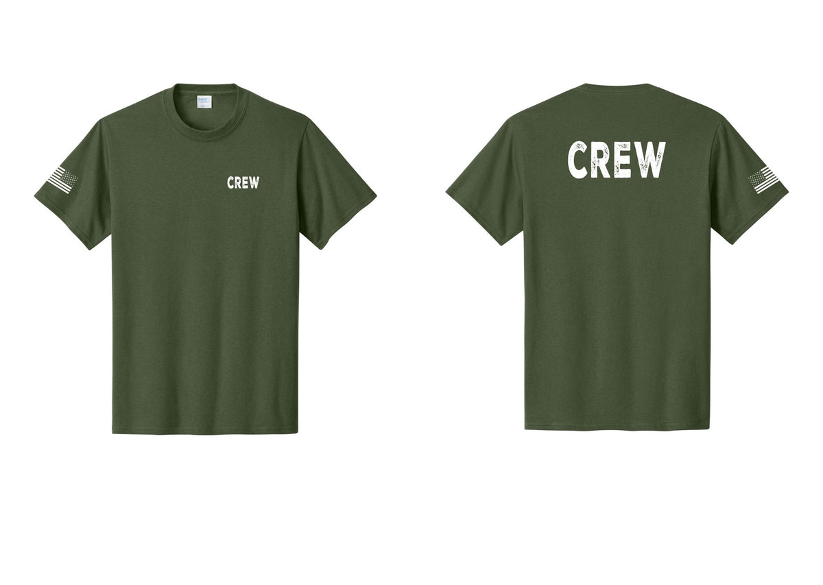 NYC Factory Crew T-Shirt for Event Staff & Production Teams (Rustic) - Chest + Back + US Flag Sleeve - Olive