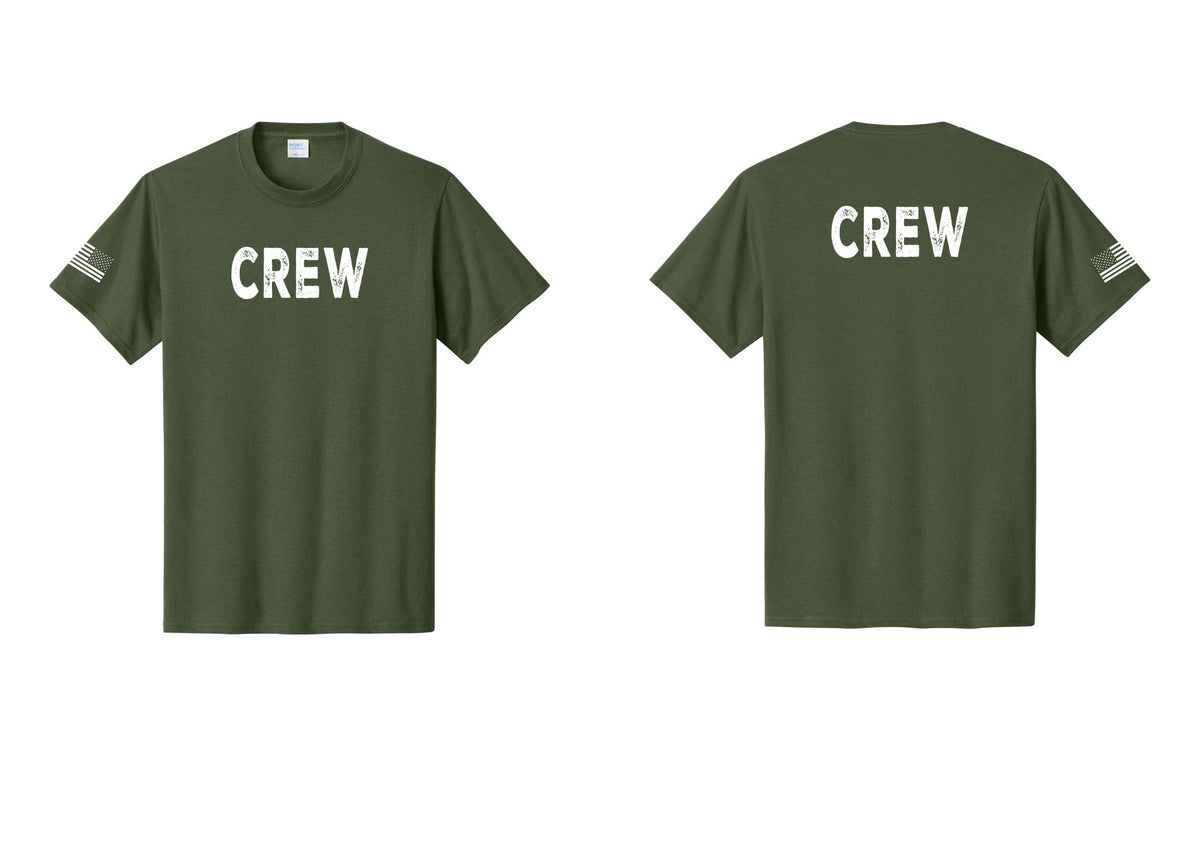 NYC Factory Crew T-Shirt, Rustic Lettering - Front + Back + US Flag Sleeve - Olive