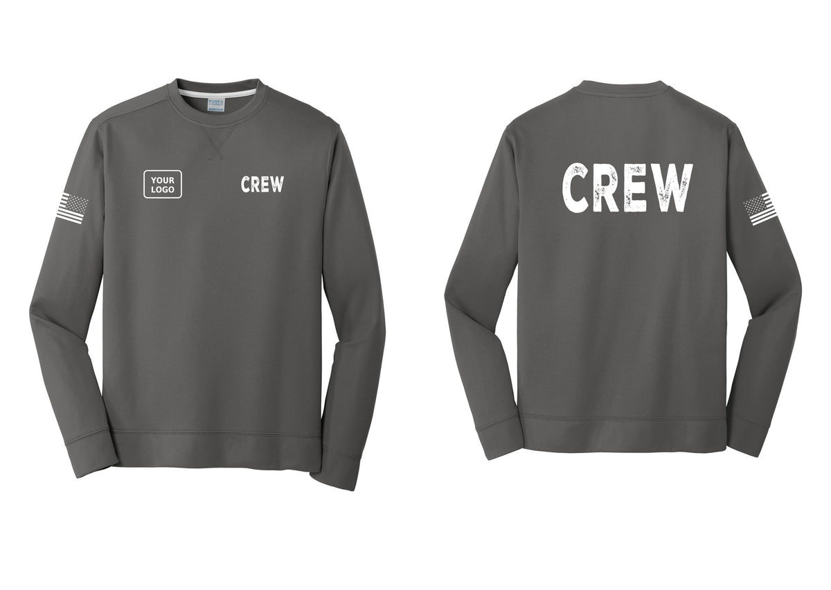 NYC Factory Custom Work Crew Uniform Performance Fleece Crewneck Sweatshirt with Your Logo (Rustic) - CREW + Your Logo + Back + US Flag Sleeve - Charcoal