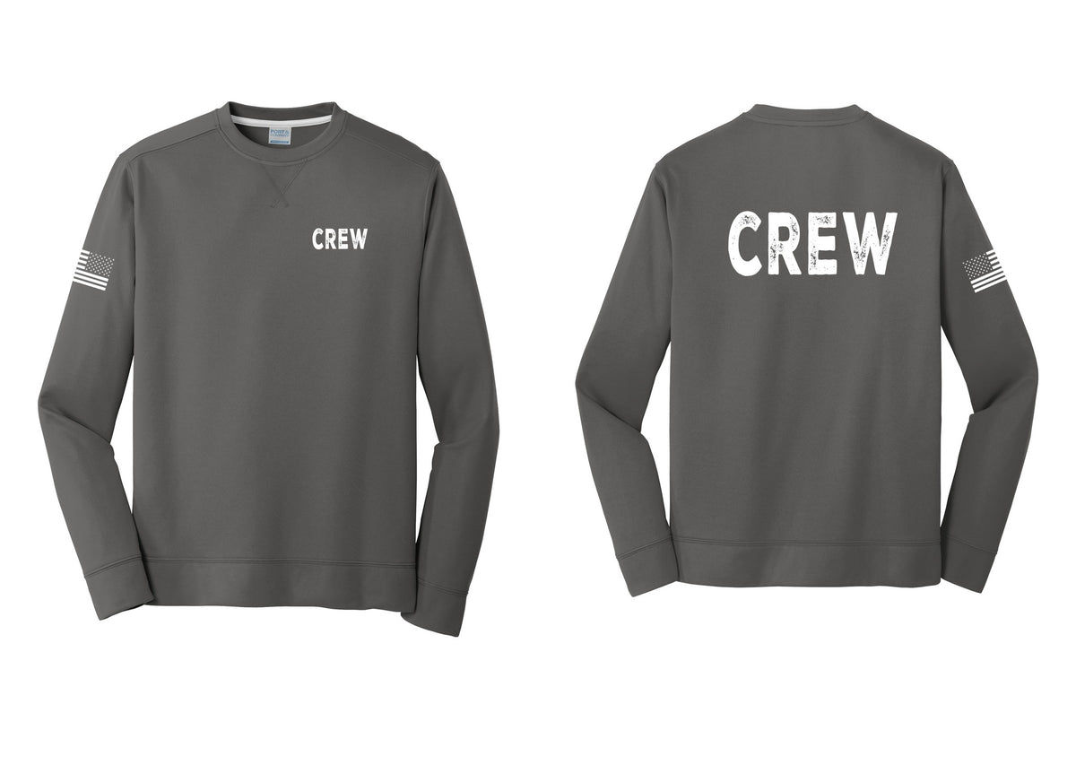 NYC Factory Crew Performance Fleece Crewneck Sweatshirt for Event Staff & Production Teams (Rustic) - Chest + Back + US Flag Sleeve - Charcoal