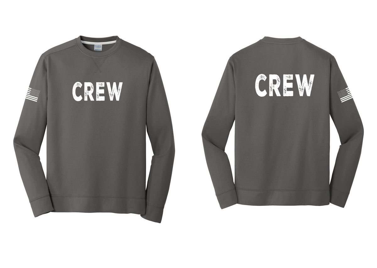 NYC Factory Crew Performance Fleece Crewneck Sweatshirt for Event Staff & Production Teams (Rustic) - Front + Back + US Flag Sleeve - Charcoal