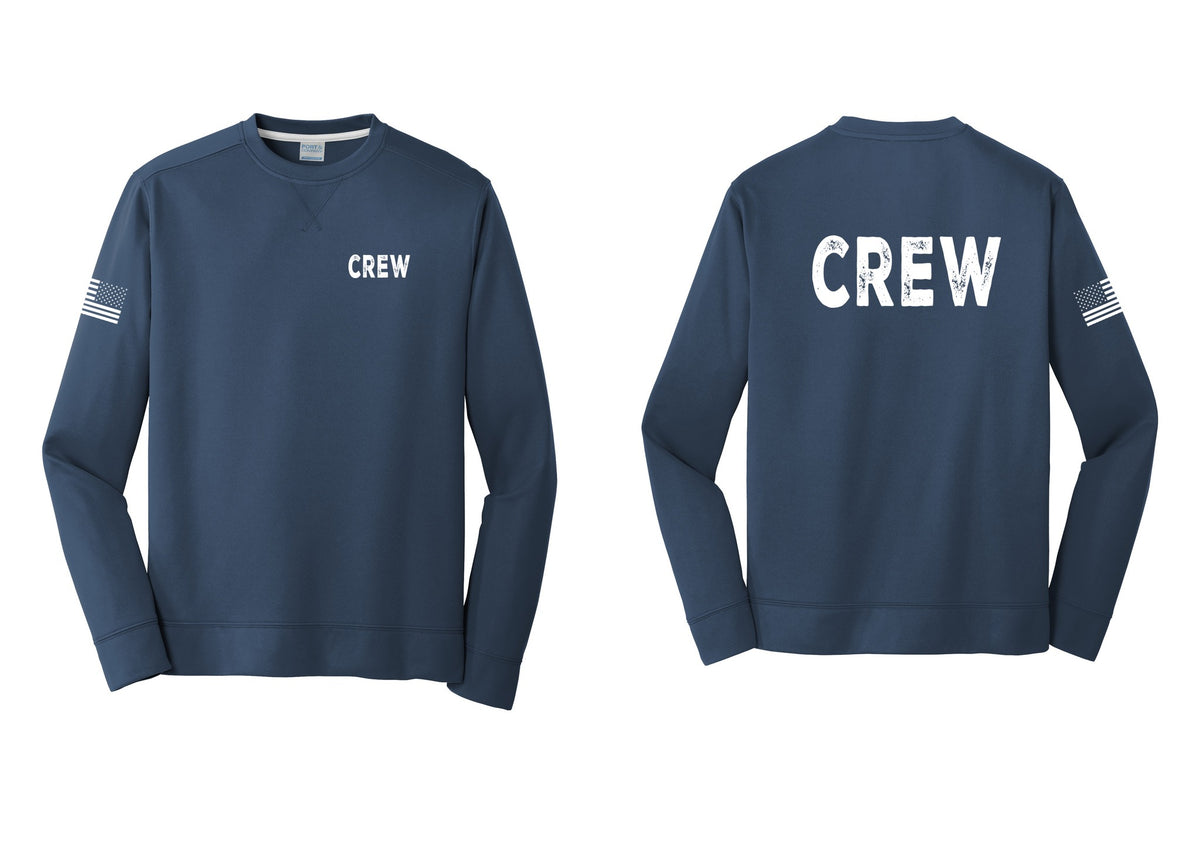 NYC Factory Crew Performance Fleece Crewneck Sweatshirt for Event Staff & Production Teams (Rustic) - Chest + Back + US Flag Sleeve - Navy