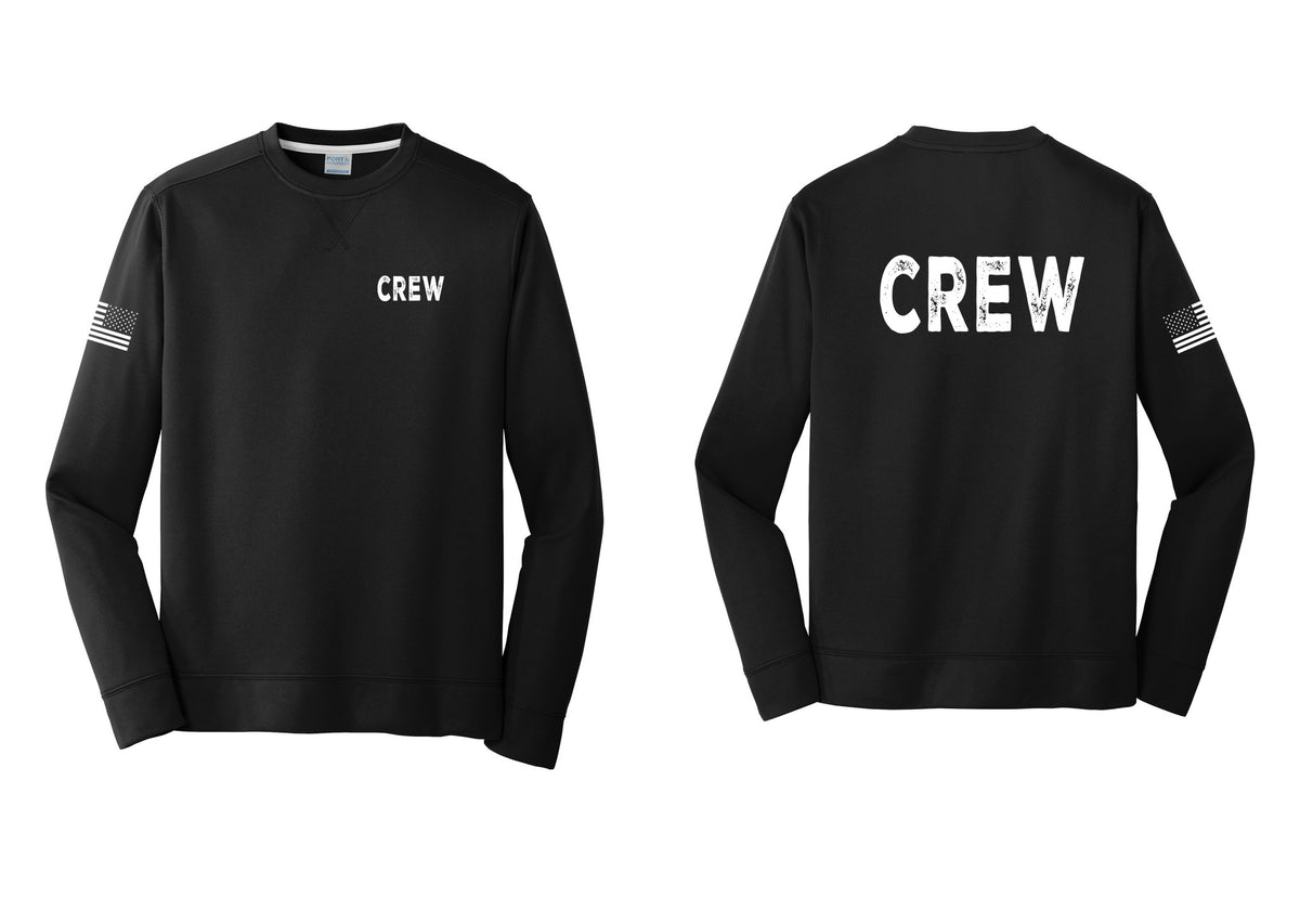 NYC Factory Crew Performance Fleece Crewneck Sweatshirt for Event Staff & Production Teams (Rustic) - Chest + Back + US Flag Sleeve - Black