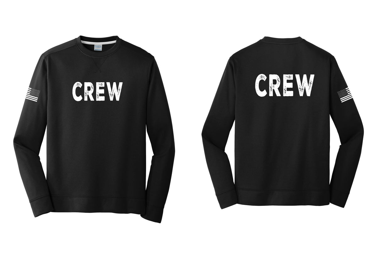 NYC Factory Crew Performance Fleece Crewneck Sweatshirt for Event Staff & Production Teams (Rustic) - Front + Back + US Flag Sleeve - Black