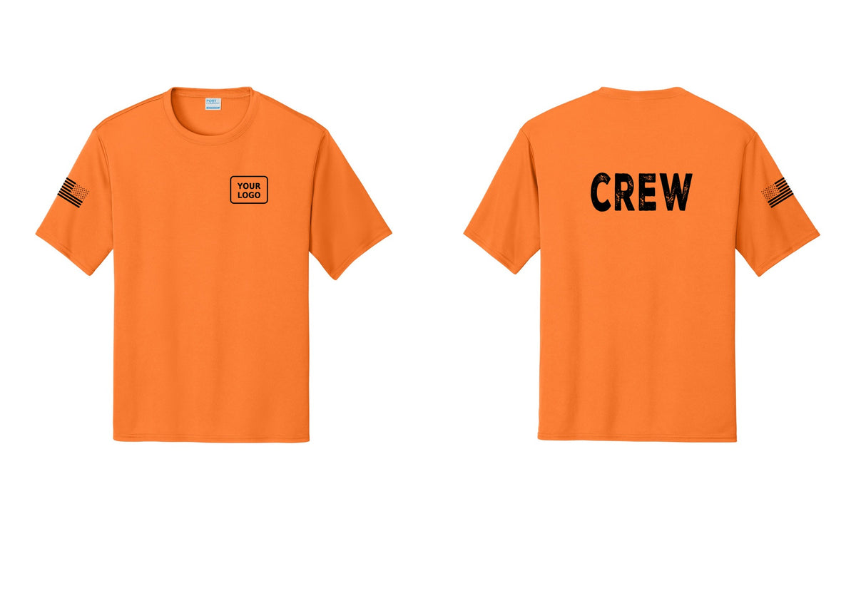 NYC Factory Custom Work Crew Uniform Performance Tee with Your Logo (Rustic) - Your Logo + Back + US Flag Sleeve - Neon Orange