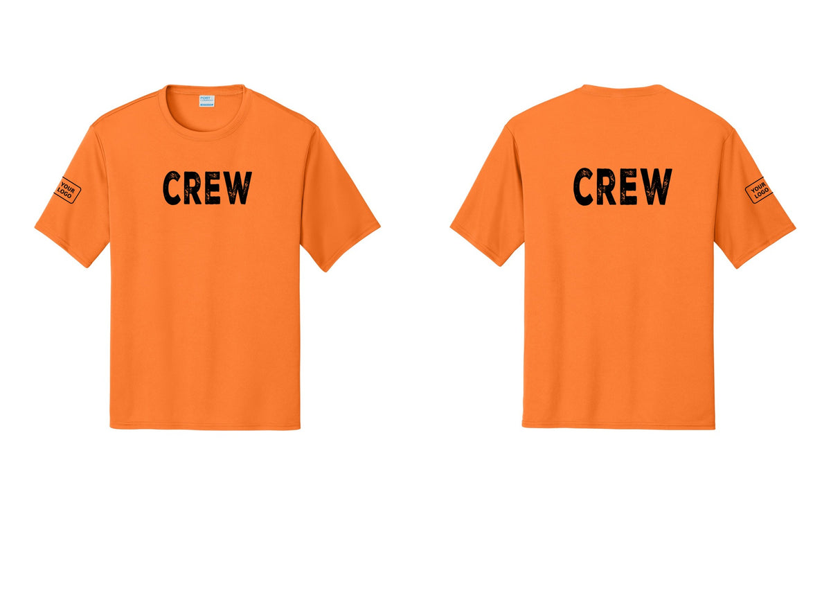 NYC Factory Custom Work Crew Uniform Performance Tee with Your Logo (Rustic) - Front + Back + Your Logo Sleeve - Neon Orange