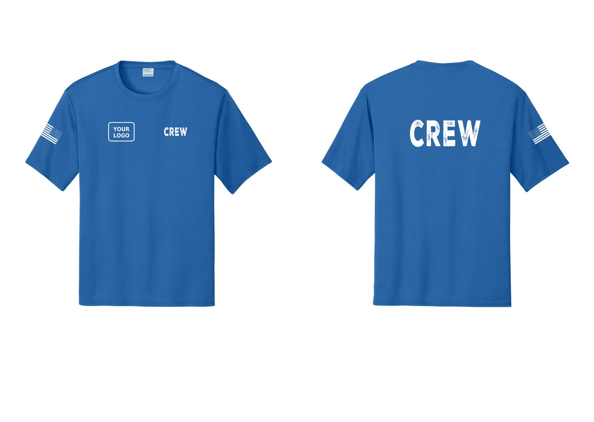 NYC Factory Custom Work Crew Uniform Performance Tee with Your Logo (Rustic) - CREW + Your Logo + Back + US Flag Sleeve - Royal