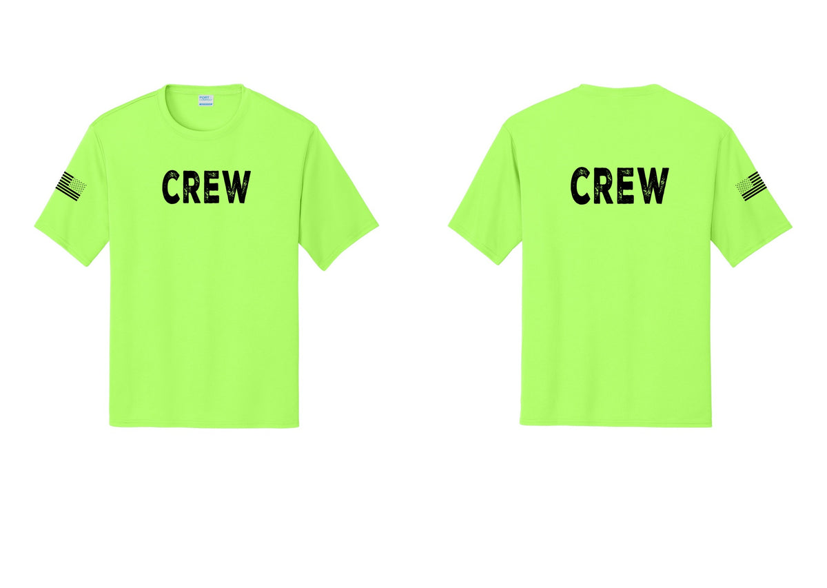 NYC Factory Crew Performance T-Shirt for Event Staff & Production Teams (Rustic) - Front + Back + US Flag Sleeve - Neon Green