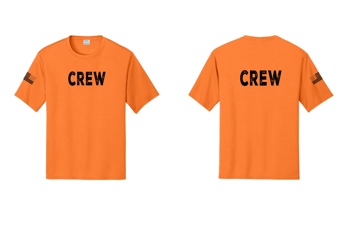 NYC Factory Crew Performance T-Shirt for Event Staff & Production Teams (Rustic) - Front + Back + US Flag Sleeve - Neon Orange