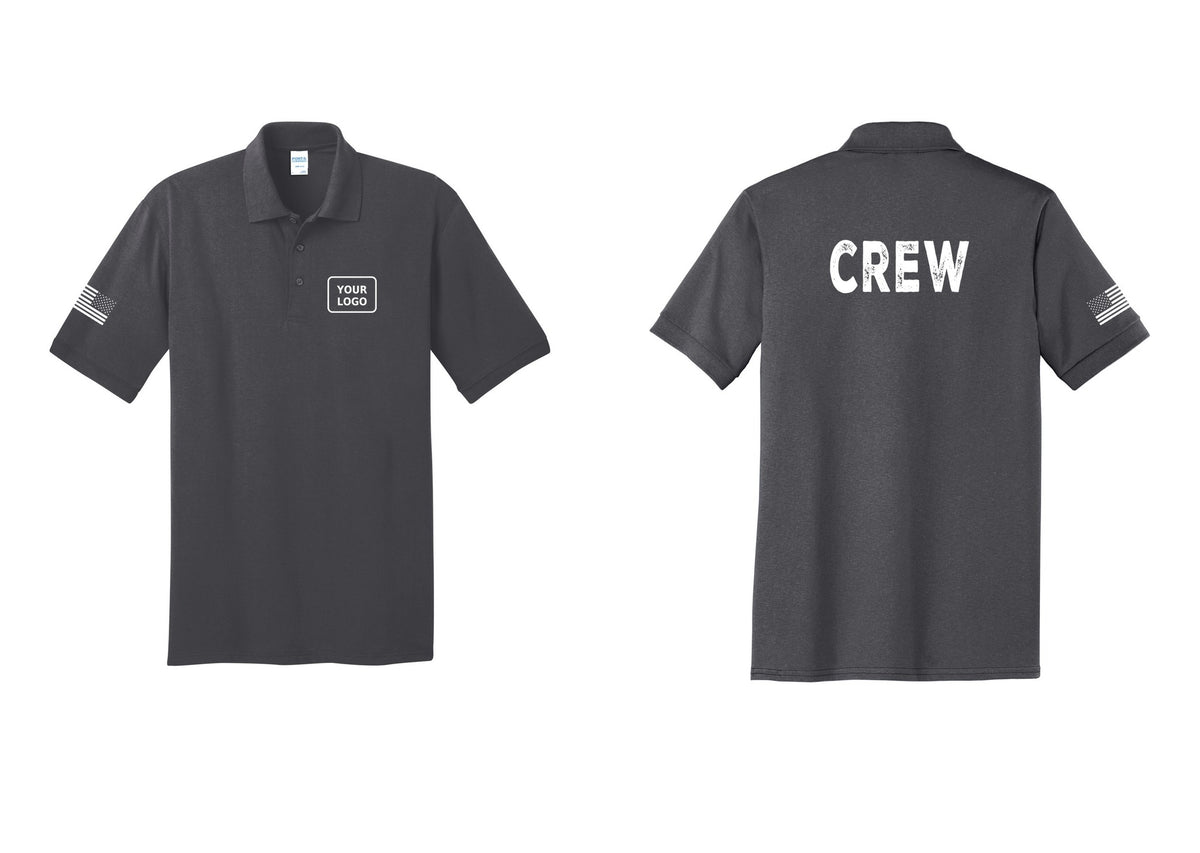 NYC Factory Custom Work Crew Uniform Polo Shirt with Your Logo (Rustic) - Your Logo + Back + US Flag Sleeve - Charcoal