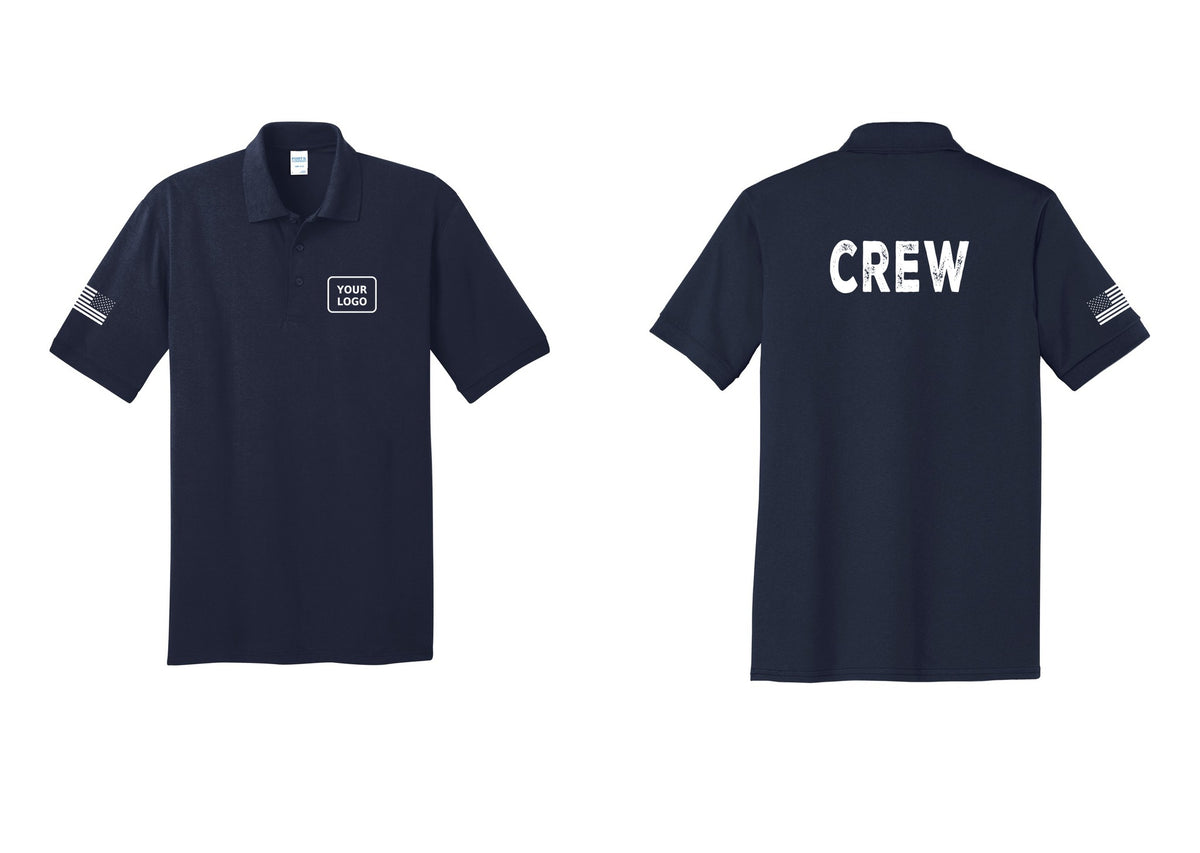 NYC Factory Custom Work Crew Uniform Polo Shirt with Your Logo (Rustic) - Your Logo + Back + US Flag Sleeve - Navy