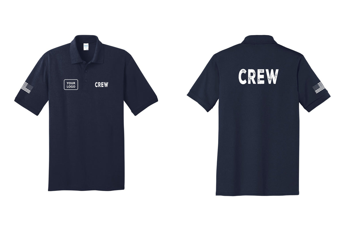 NYC Factory Custom Work Crew Uniform Polo Shirt with Your Logo (Rustic) - CREW + Your Logo + Back + US Flag Sleeve - Navy