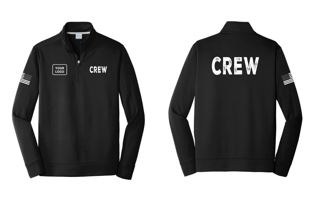 NYC Factory Custom Work Crew Uniform Performance Fleece 1/4-Zip Pullover Sweatshirt with Your Logo (Rustic) - CREW + Your Logo + Back + US Flag Sleeve - Black