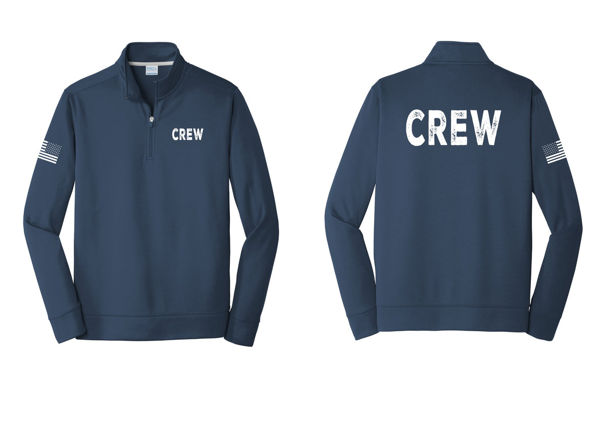 NYC Factory Crew Performance Fleece 1/4-Zip Pullover Sweatshirt for Event Staff & Production Teams (Rustic) - Chest + Back + US Flag Sleeve - Navy