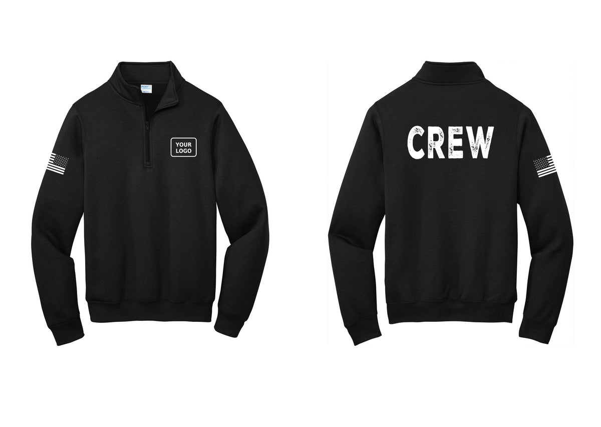 NYC Factory Custom Work Crew Uniform Cotton Fleece 1/4-Zip Pullover Sweatshirt with Your Logo (Rustic) - Your Logo + Back + US Flag Sleeve - Black