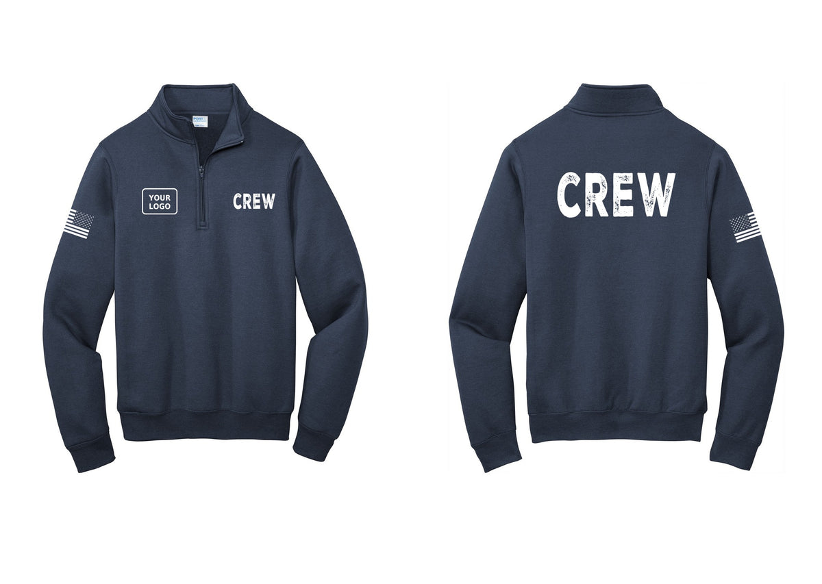 NYC Factory Custom Work Crew Uniform Cotton Fleece 1/4-Zip Pullover Sweatshirt with Your Logo (Rustic) - CREW + Your Logo + Back + US Flag Sleeve - Navy