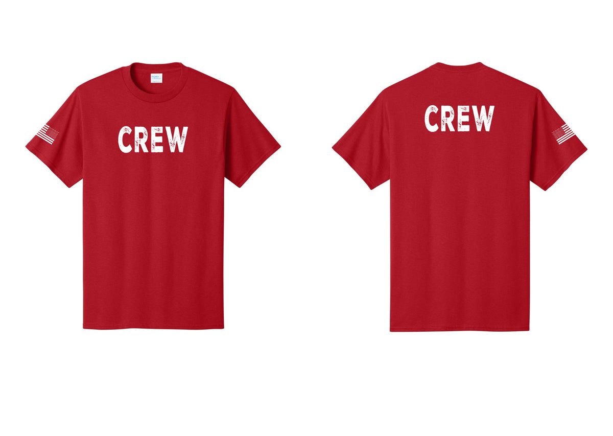 NYC Factory Crew T-Shirt, Rustic Lettering - Front + Back + US Flag Sleeve - Red