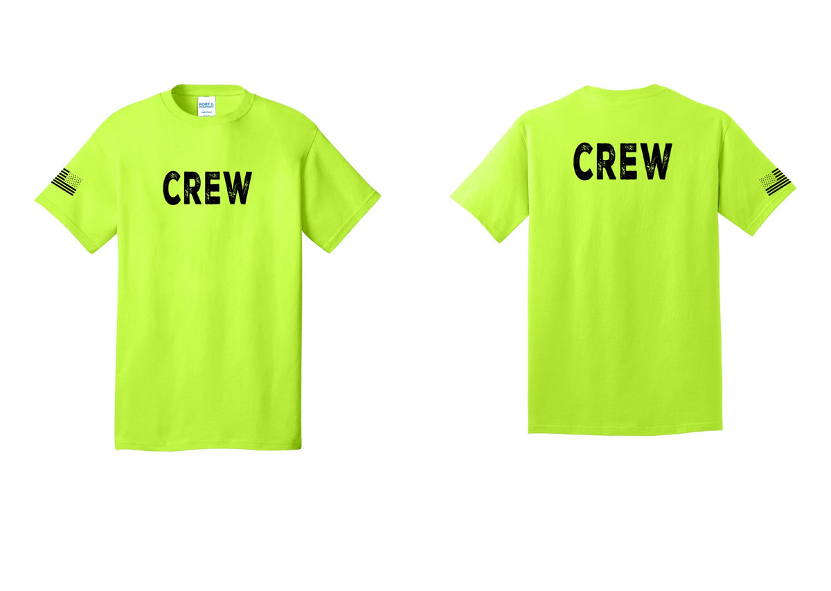 NYC Factory Crew T-Shirt for Event Staff & Production Teams (Rustic) - Front + Back + US Flag Sleeve - Safety Green