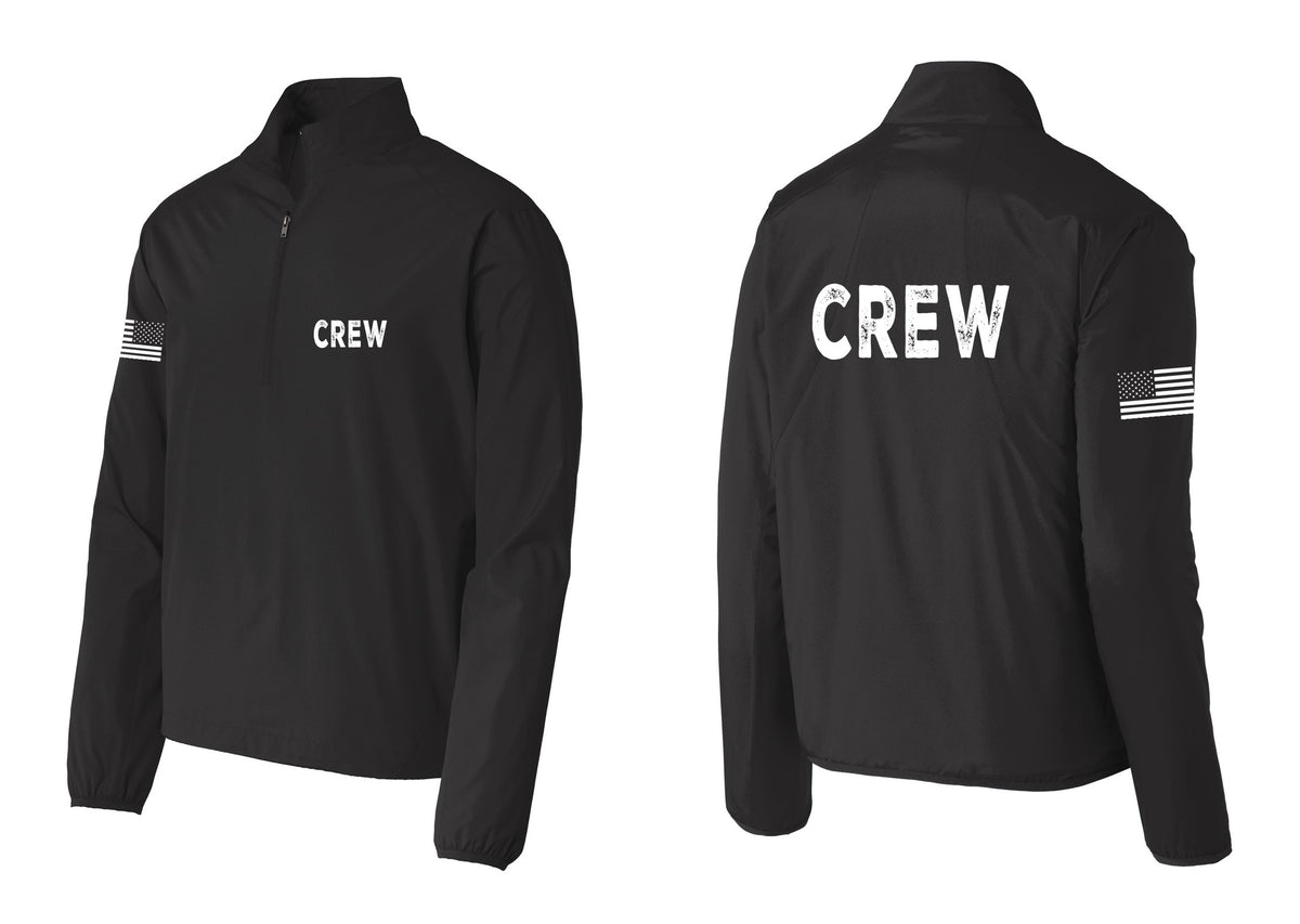 NYC Factory Crew Windbreaker 1/2-Zip Pullover for Event Staff & Production Teams (Rustic) - Chest + Back + US Flag Sleeve - Black