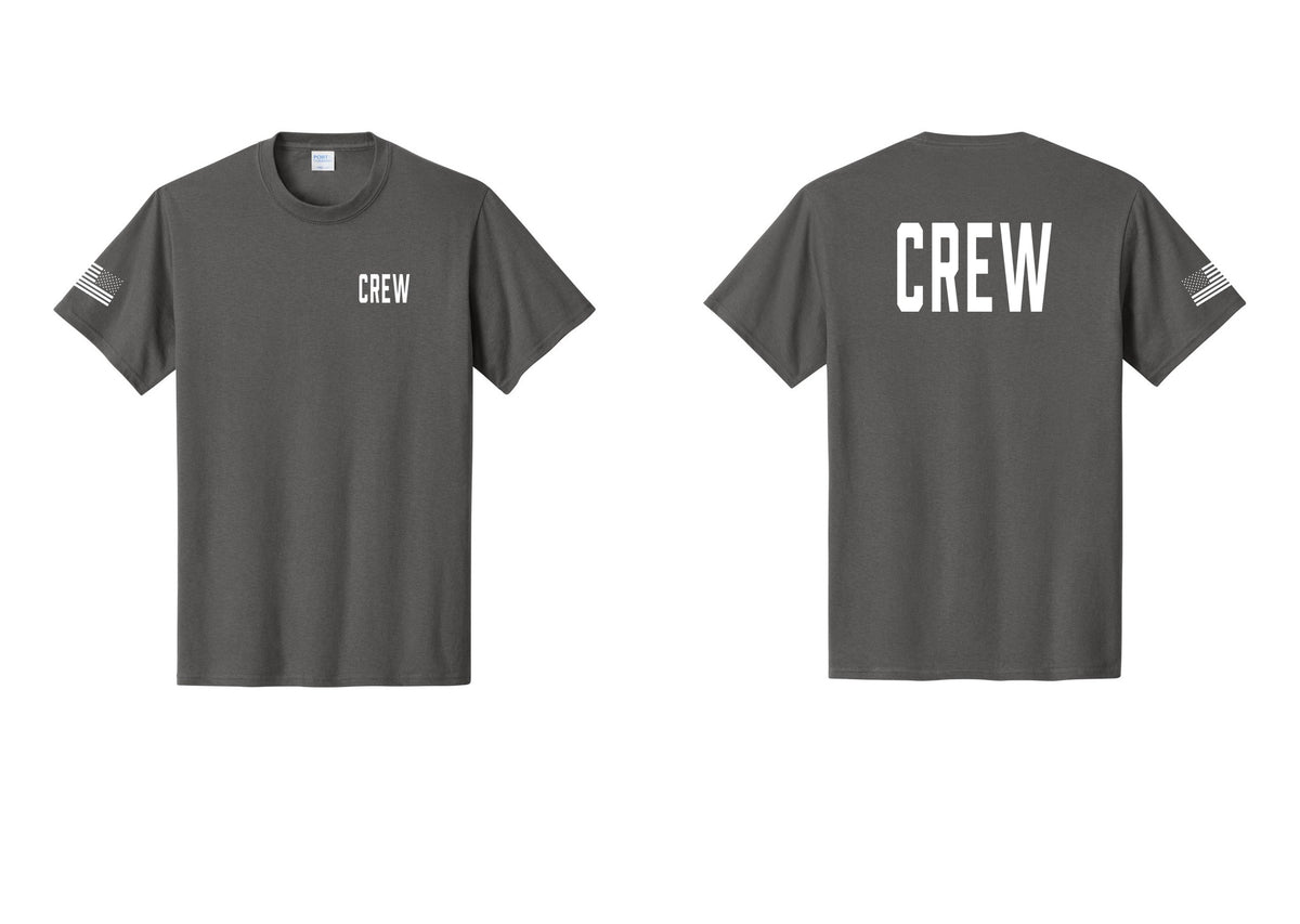 NYC Factory Crew T-Shirt for Event Staff & Production Teams (Classic) - Chest + Back + US Flag Sleeve - Charcoal