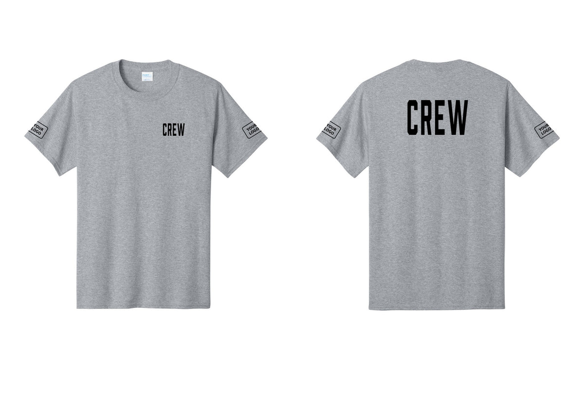 NYC Factory Custom Logo Crew T-Shirt, Condensed Lettering - Chest + Back + Your Logo Sleeves - Athletic Heather