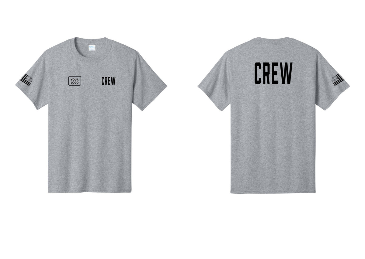 NYC Factory Custom Logo Crew T-Shirt, Condensed Lettering - CREW + Your Logo + Back + US Flag Sleeve - Athletic Heather