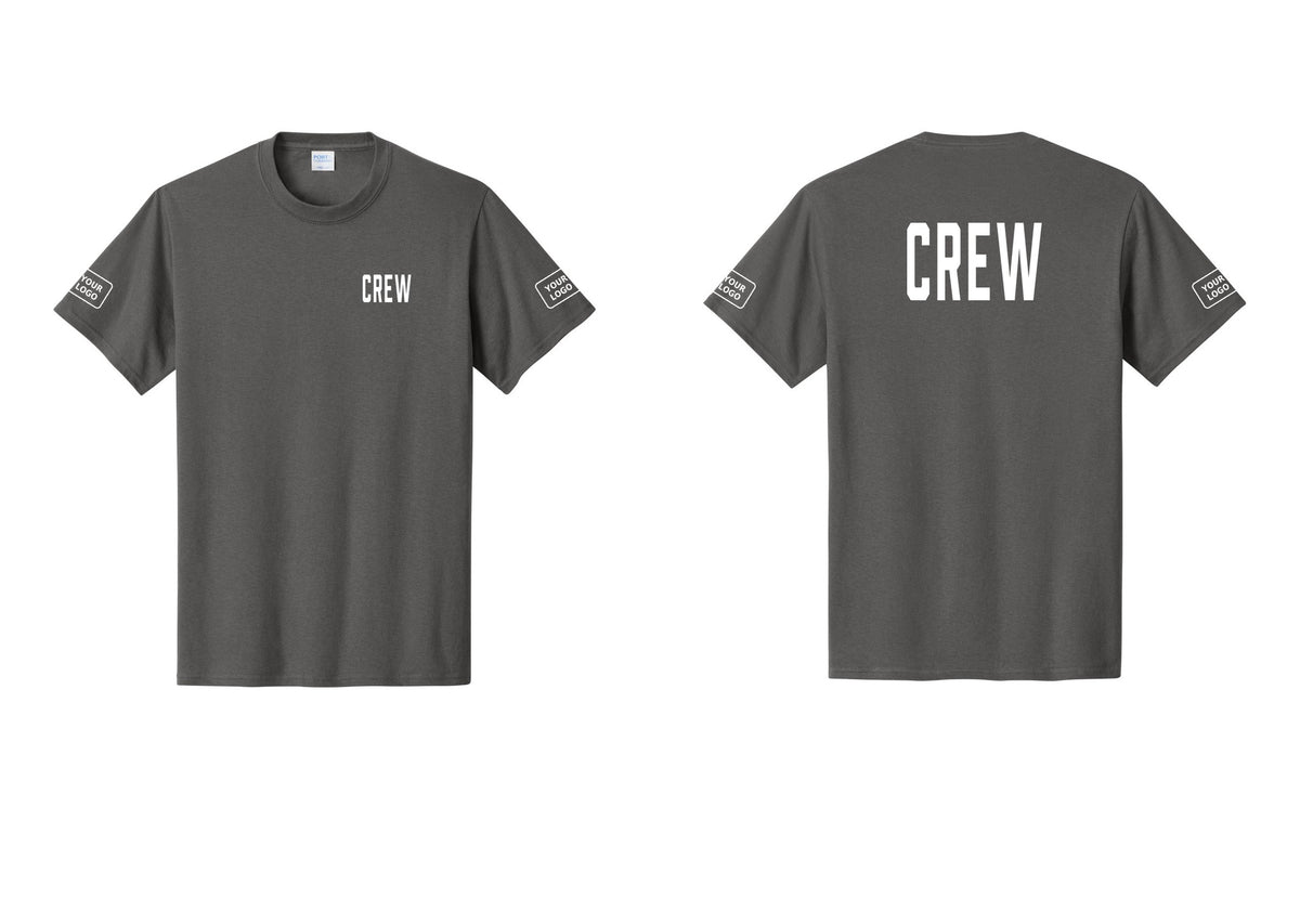 NYC Factory Custom Logo Crew T-Shirt, Condensed Lettering - Chest + Back + Your Logo Sleeves - Charcoal