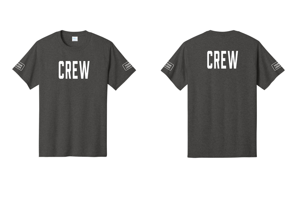 NYC Factory Custom Logo Crew T-Shirt, Condensed Lettering - Front + Back + Your Logo Sleeves - Dark Heather Grey