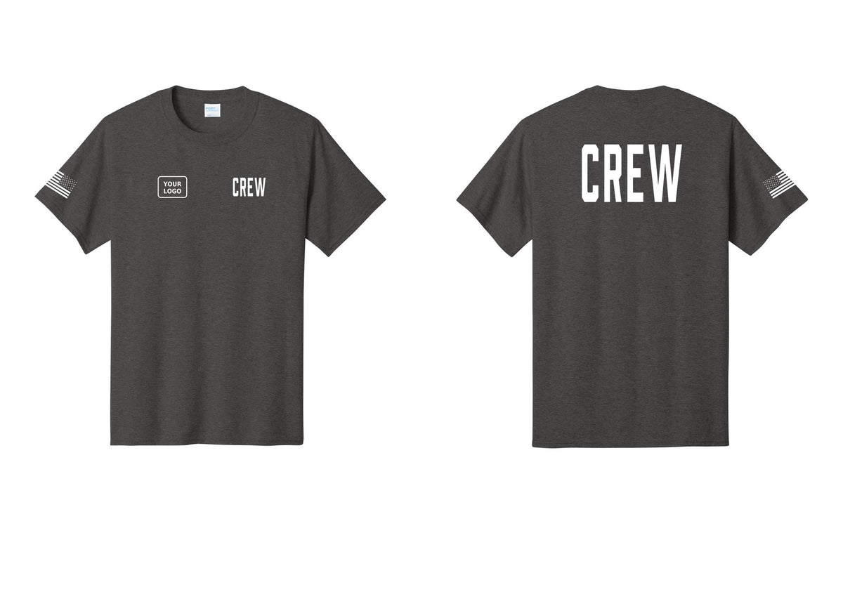 NYC Factory Custom Work Crew Uniform Tee with Your Logo (Classic) - CREW + Your Logo + Back + US Flag Sleeve - Dark Heather Grey