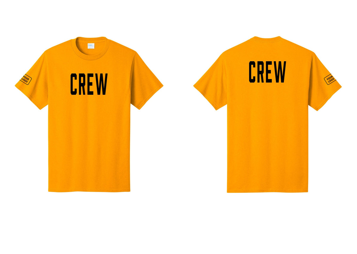 NYC Factory Custom Logo Crew T-Shirt, Condensed Lettering - Front + Back + Your Logo Sleeve - Gold
