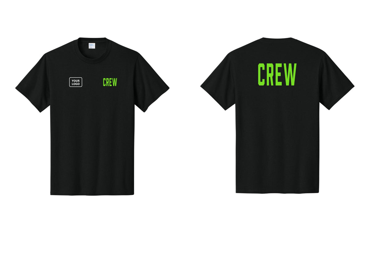 NYC Factory Custom Logo Crew T-Shirt, Condensed Lettering - CREW + Your Logo + Back - Black / Neon