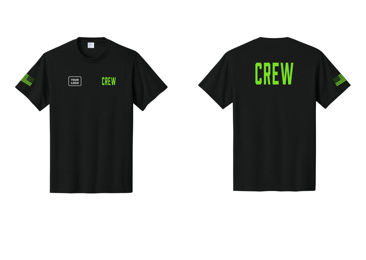 NYC Factory Custom Logo Crew T-Shirt, Condensed Lettering - CREW + Your Logo + Back + US Flag Sleeve - Black / Neon