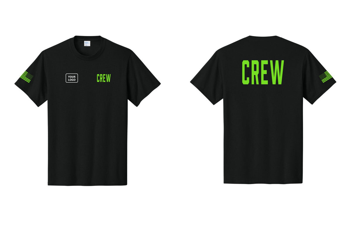 NYC Factory Custom Work Crew Uniform Tee with Your Logo (Classic) - CREW + Your Logo + Back + US Flag Sleeve - Black / Neon