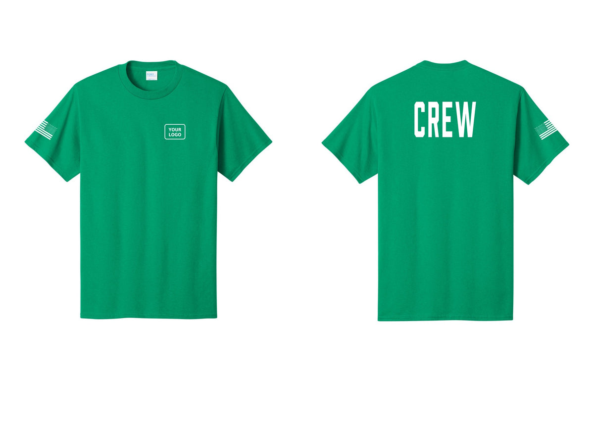 NYC Factory Custom Logo Crew T-Shirt, Condensed Lettering - Your Logo + Back + US Flag Sleeve - Kelly