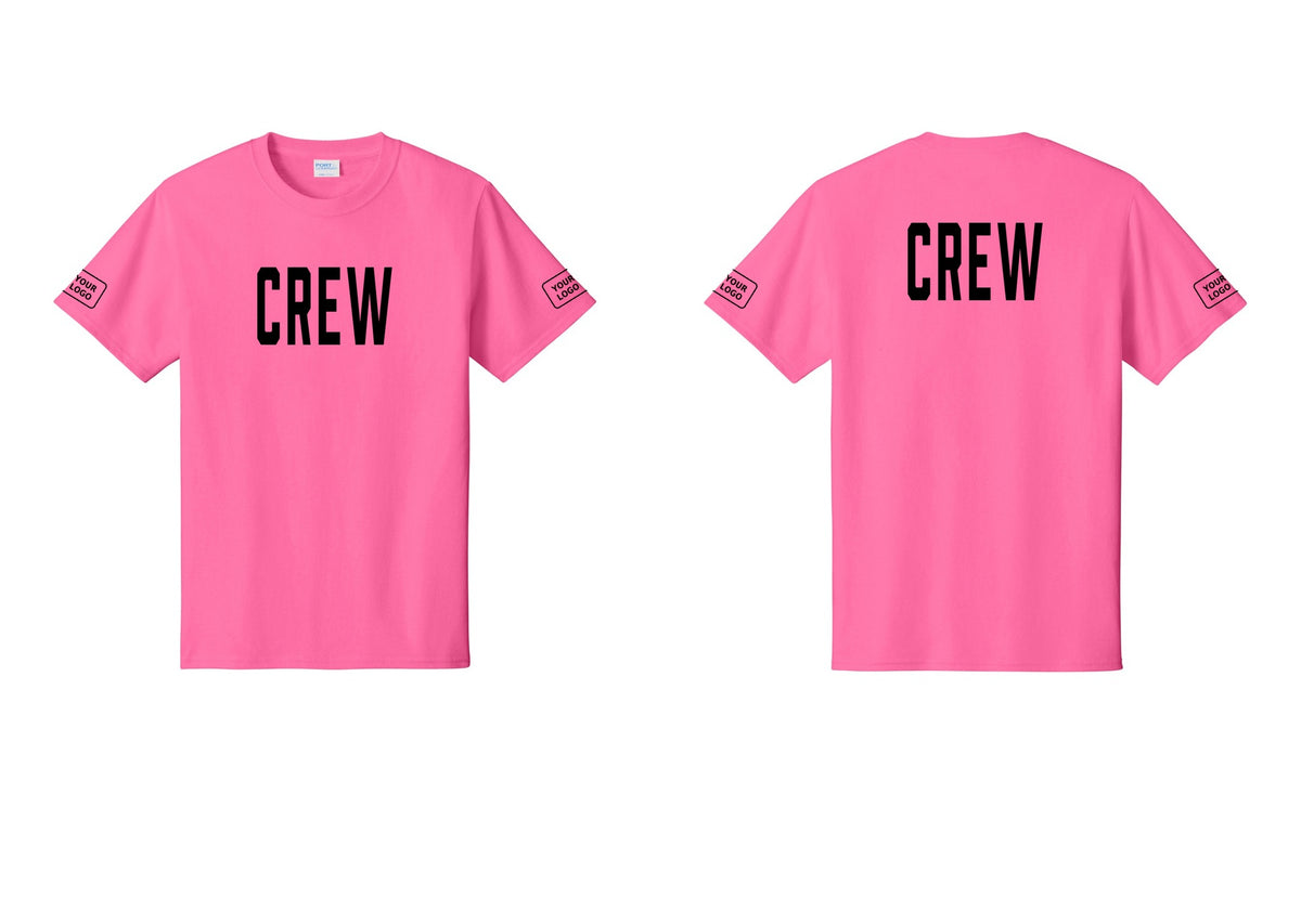 NYC Factory Custom Logo Crew T-Shirt, Condensed Lettering - Front + Back + Your Logo Sleeves - Neon Pink