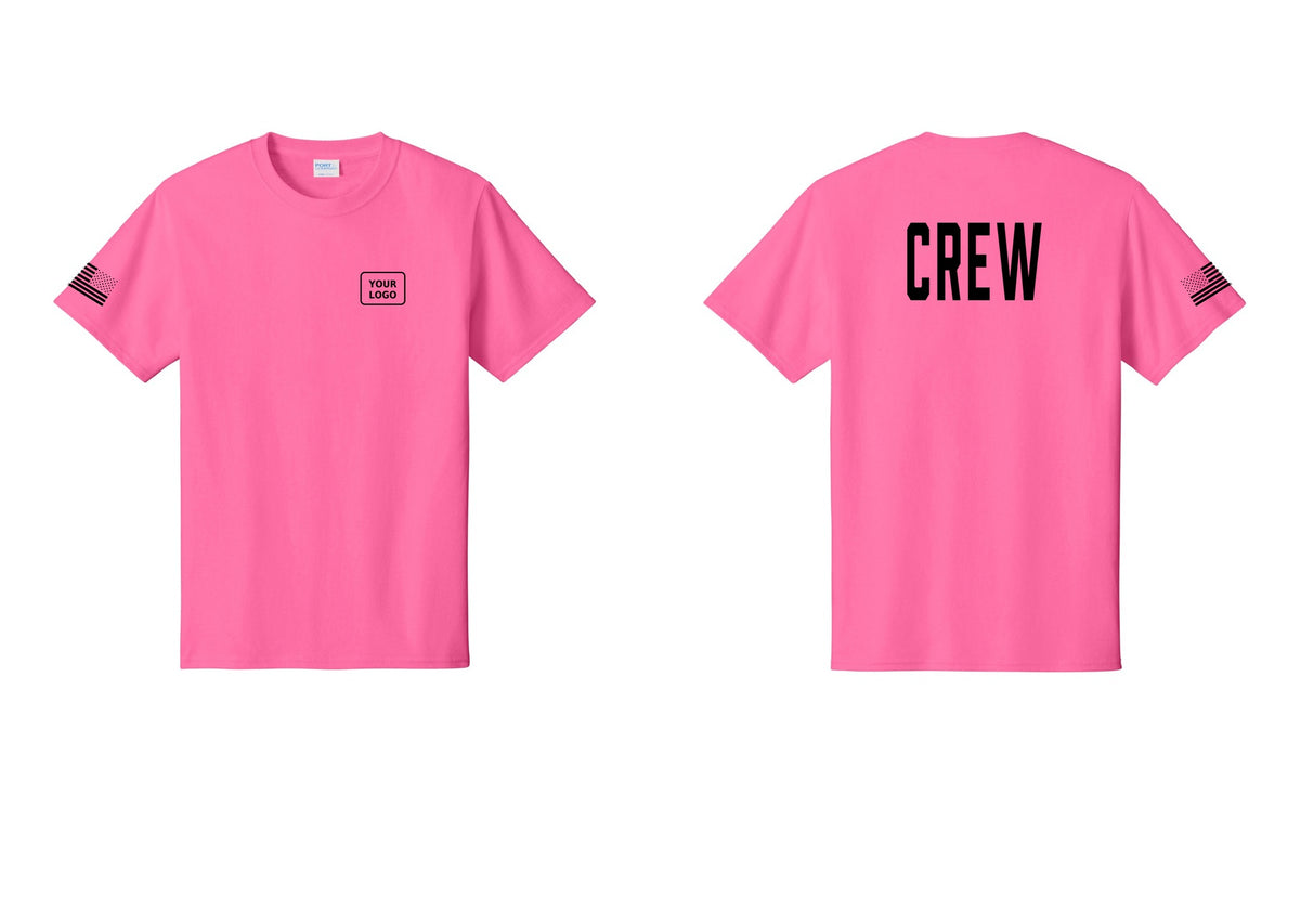 NYC Factory Custom Logo Crew T-Shirt, Condensed Lettering - Your Logo + Back + US Flag Sleeve - Neon Pink