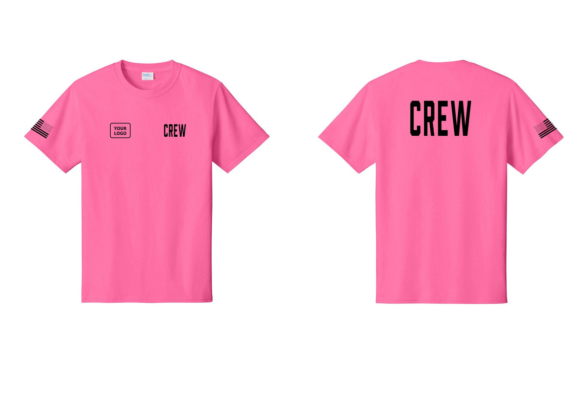 NYC Factory Custom Logo Crew T-Shirt, Condensed Lettering - CREW + Your Logo + Back + US Flag Sleeve - Neon Pink