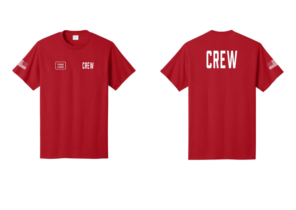 NYC Factory Custom Logo Crew T-Shirt, Condensed Lettering - CREW + Your Logo + Back + US Flag Sleeve - Red