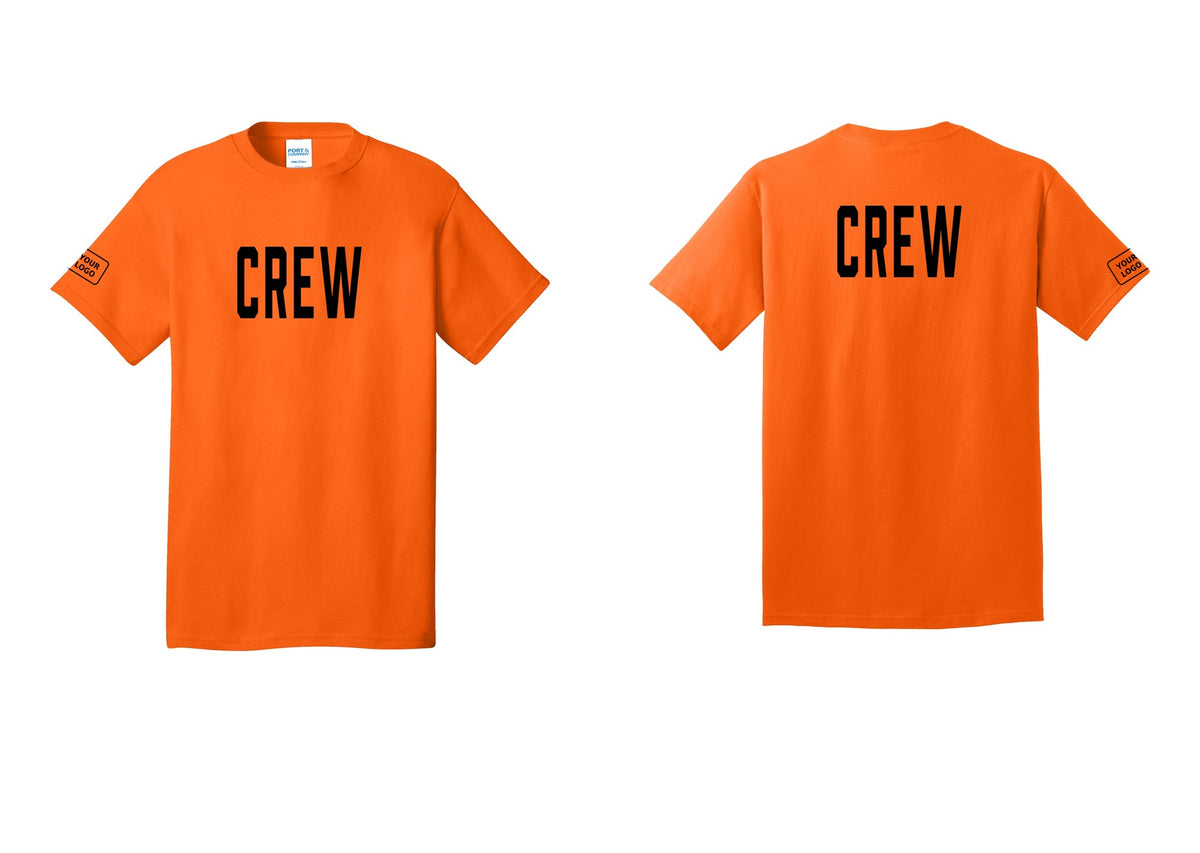 NYC Factory Custom Logo Crew T-Shirt, Condensed Lettering - Front + Back + Your Logo Sleeve - Safety Orange