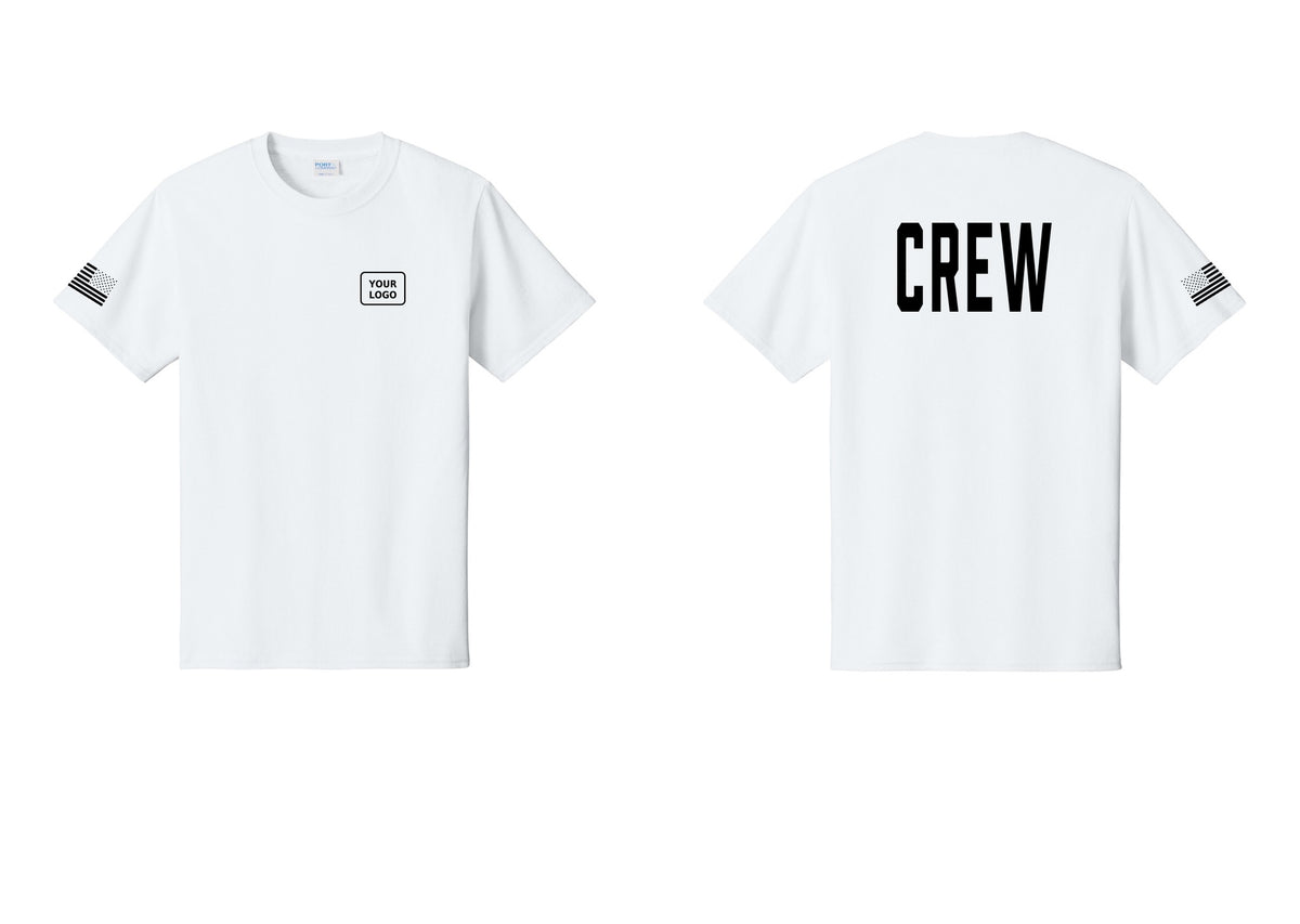 NYC Factory Custom Work Crew Uniform Tee with Your Logo (Classic) - Your Logo + Back + US Flag Sleeve - White