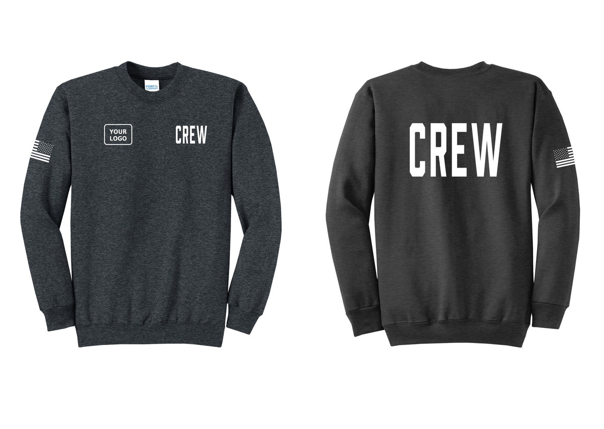 NYC Factory Custom Work Crew Uniform Cotton Fleece Crewneck Sweatshirt with Your Logo (Classic) - CREW + Your Logo + Back + US Flag Sleeve - Dark Heather Grey