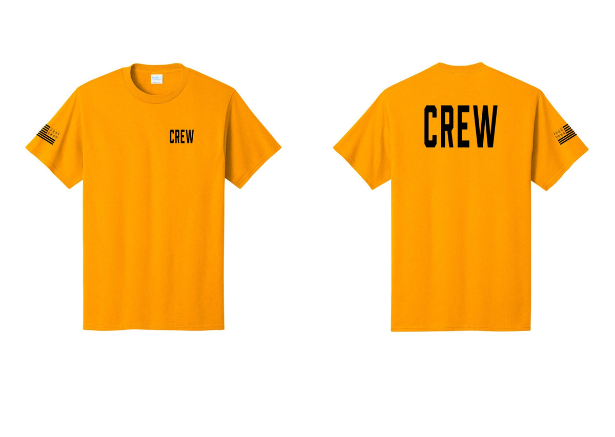 NYC Factory Crew T-Shirt for Event Staff & Production Teams (Classic) - Chest + Back + US Flag Sleeve - Gold