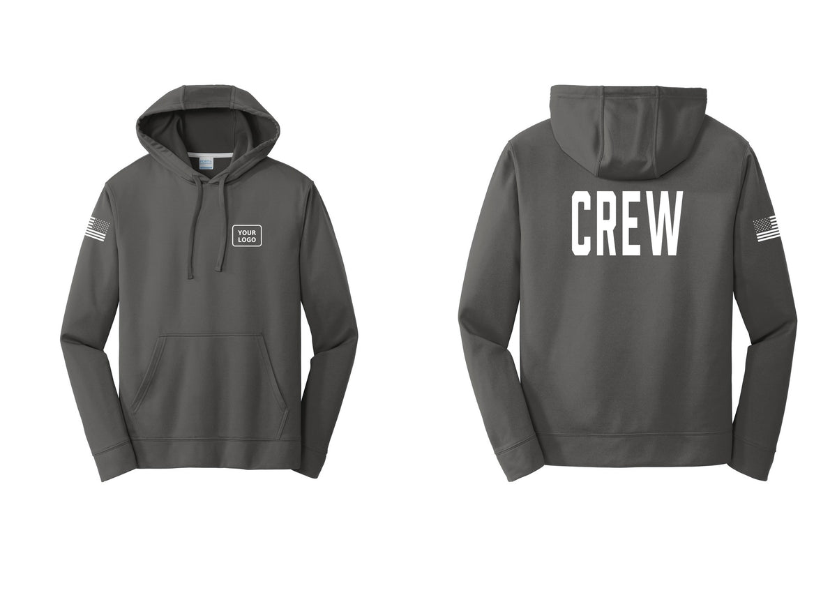 NYC Factory Custom Work Crew Uniform Performance Hooded Fleece Pullover Sweatshirt with Your Logo (Classic) - Your Logo + Back + US Flag Sleeve - Charcoal