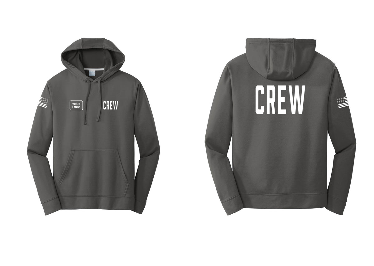 NYC Factory Custom Work Crew Uniform Performance Hooded Fleece Pullover Sweatshirt with Your Logo (Classic) - CREW + Your Logo + Back + US Flag Sleeve - Charcoal