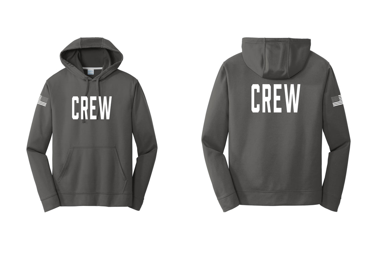 NYC Factory Crew Performance Hooded Fleece Pullover Sweatshirt for Event Staff & Production Teams (Classic) - Front + Back + US Flag Sleeve - Charcoal