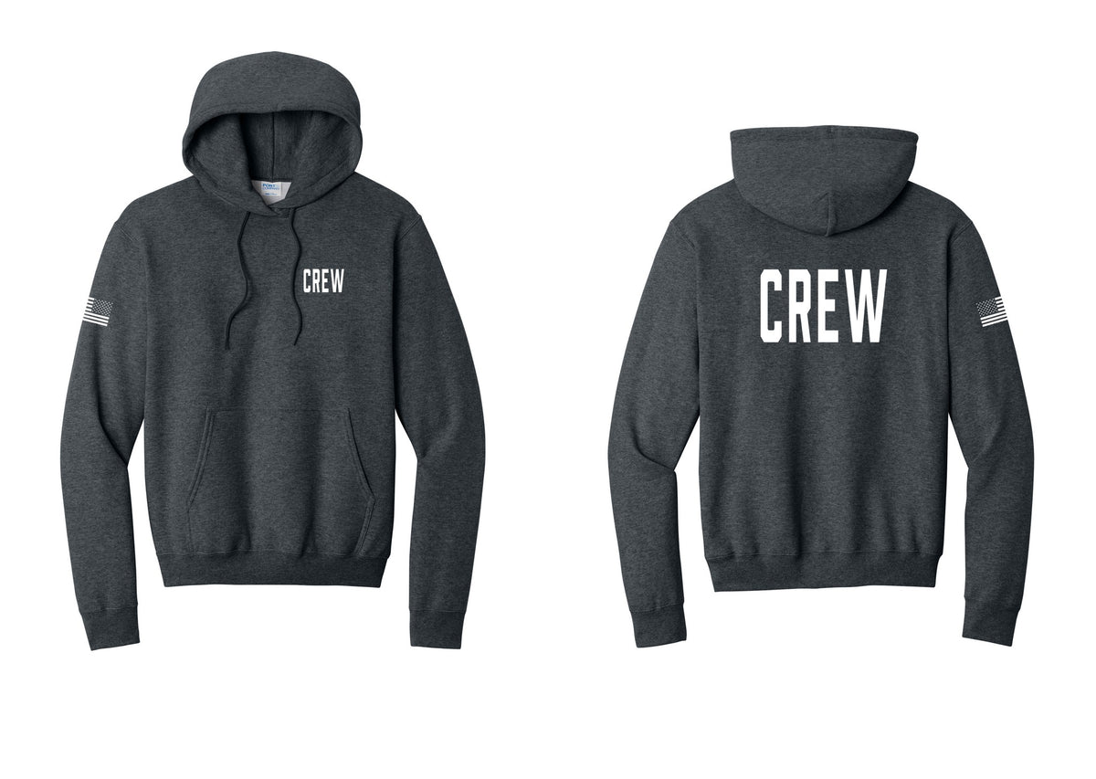 NYC Factory Crew Cotton Fleece Pullover Hoodie for Event Staff & Production Teams (Classic) - Chest + Back + US Flag Sleeve - Dark Heather Grey