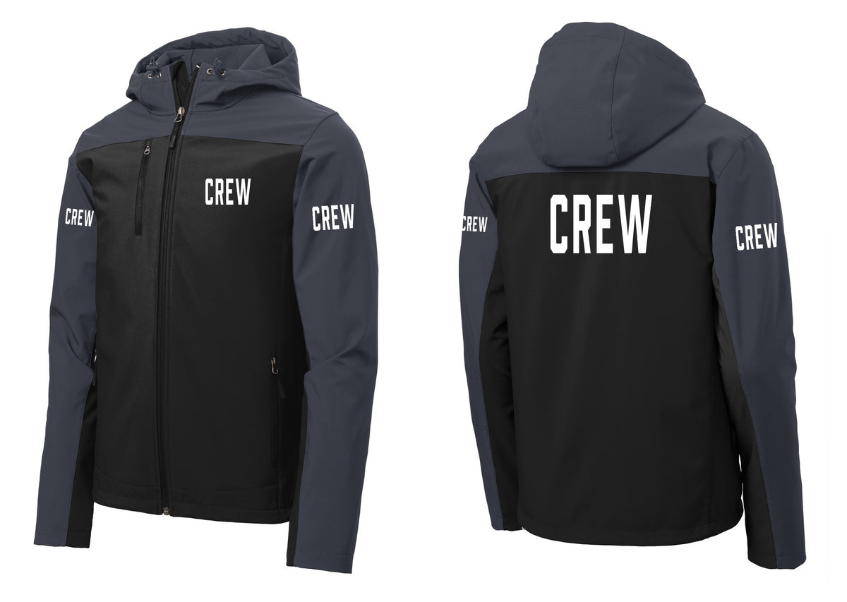 NYC Factory Crew Hooded Soft Shell Jacket for Event Staff & Production Teams (Classic) - Chest + Back + Crew Sleeves - Black / Battleship Grey