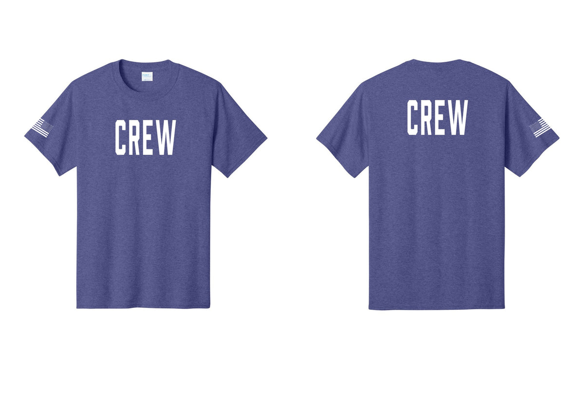 NYC Factory Crew T-Shirt, Condensed Lettering - Front + Back + US Flag Sleeve - Heather Purple